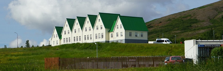 Row of Six White Green Roofed Homes on Green Hills