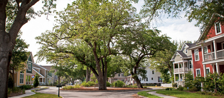 Suburban Cul-de-Sac with Wood Sided Homes Around Center Island with Park Bench and Large Trees